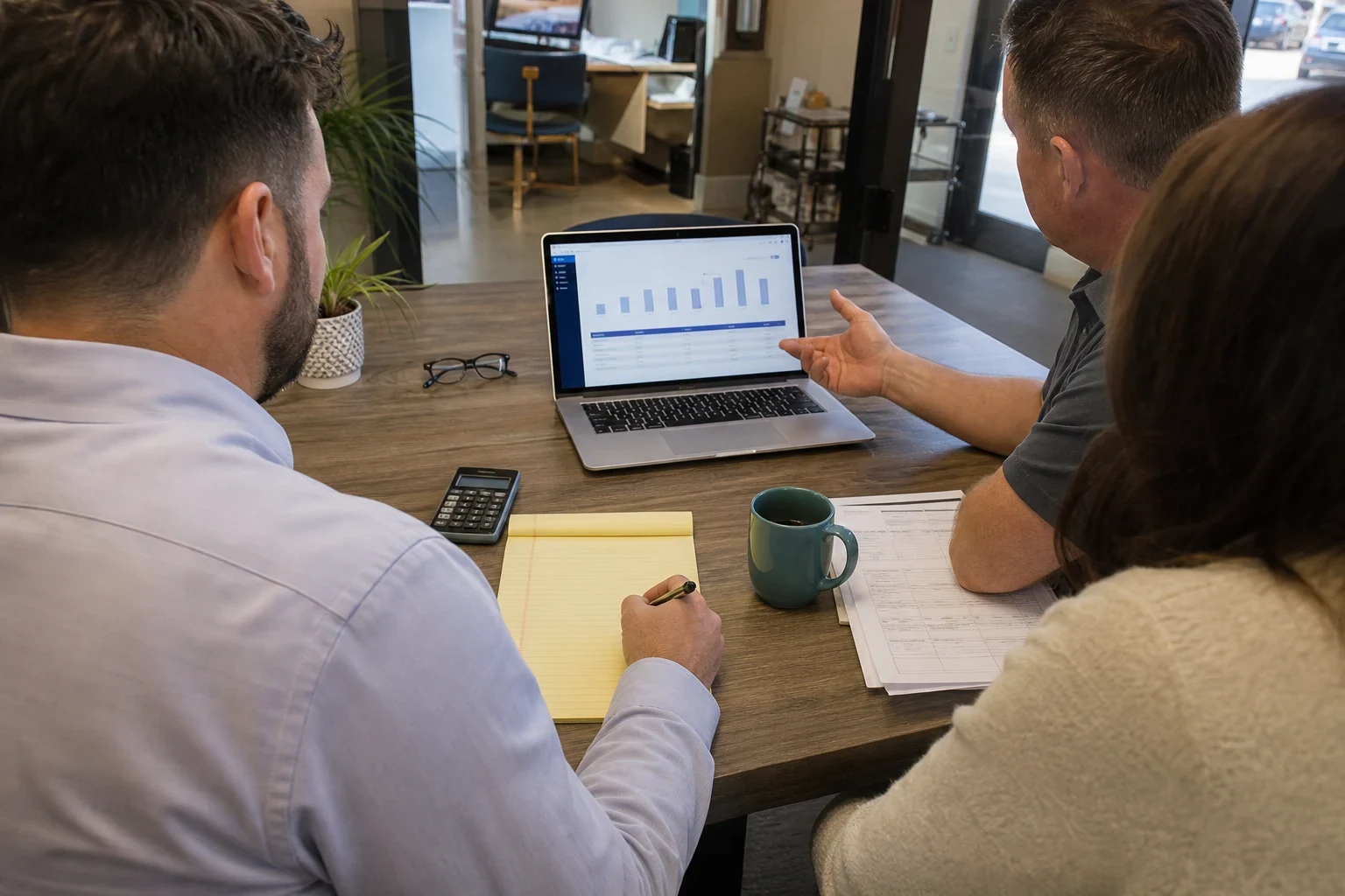 Agent in a light blue button-down takes notes on a yellow legal pad while a business owner and his wife review a chart on a laptop at a wooden office table.